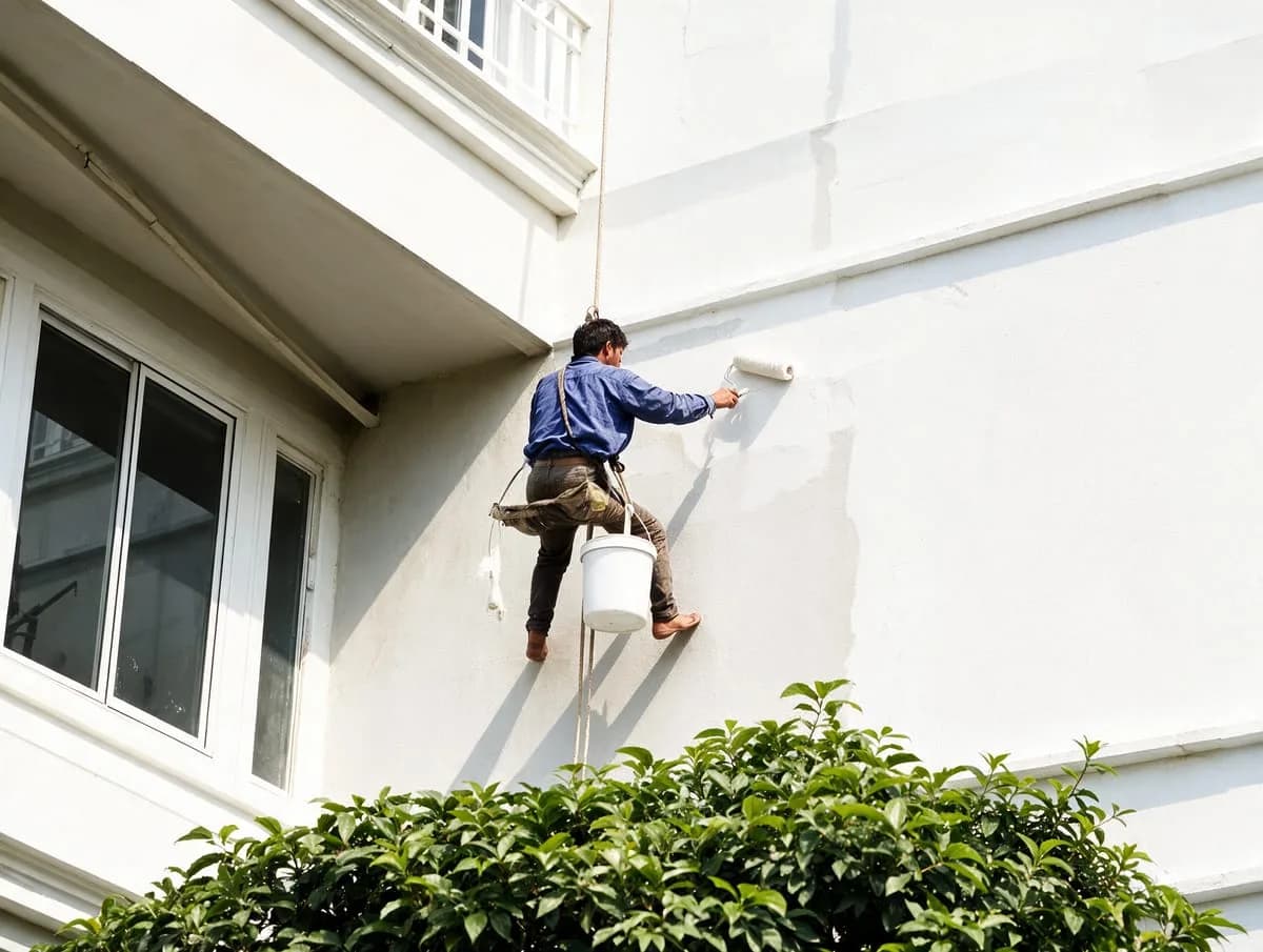 A painter on a rope access line rolling white paint onto an exterior wall