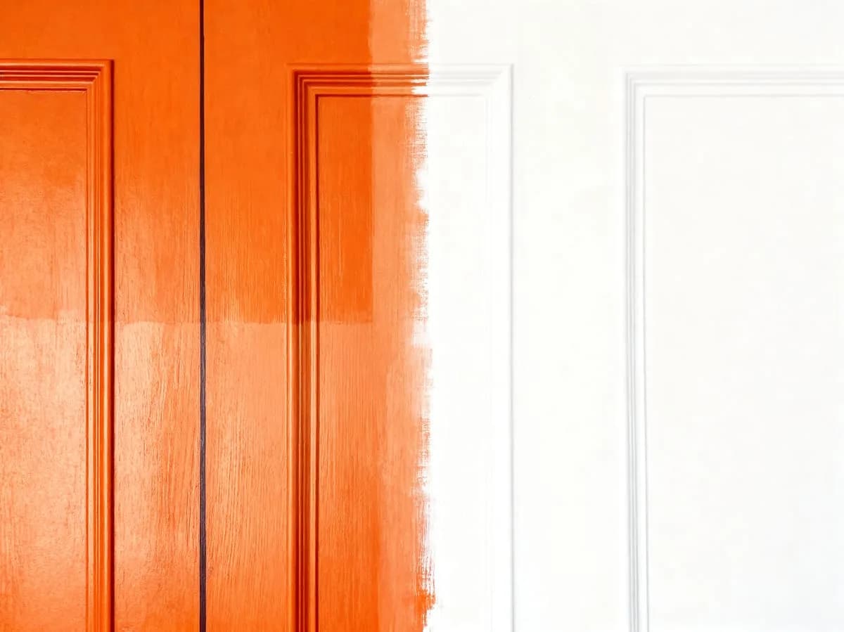A panelled door half painted in orange, the rest still white