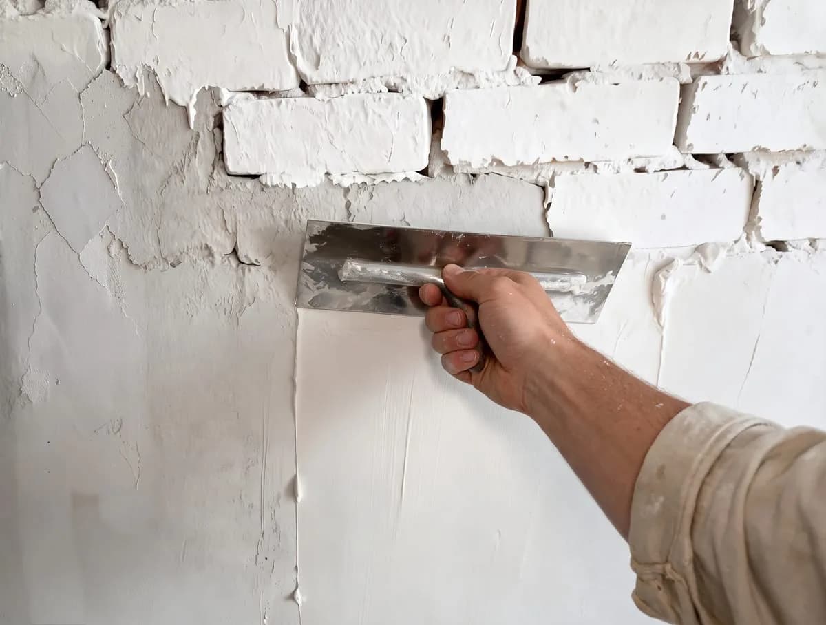 A plastering trowel skimming fresh plaster over old brick