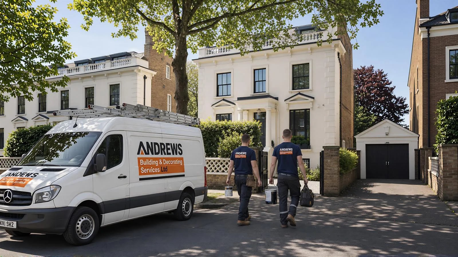 Two Andrews decorators carrying paint kettles up to a white stucco villa, the branded van parked at the kerb