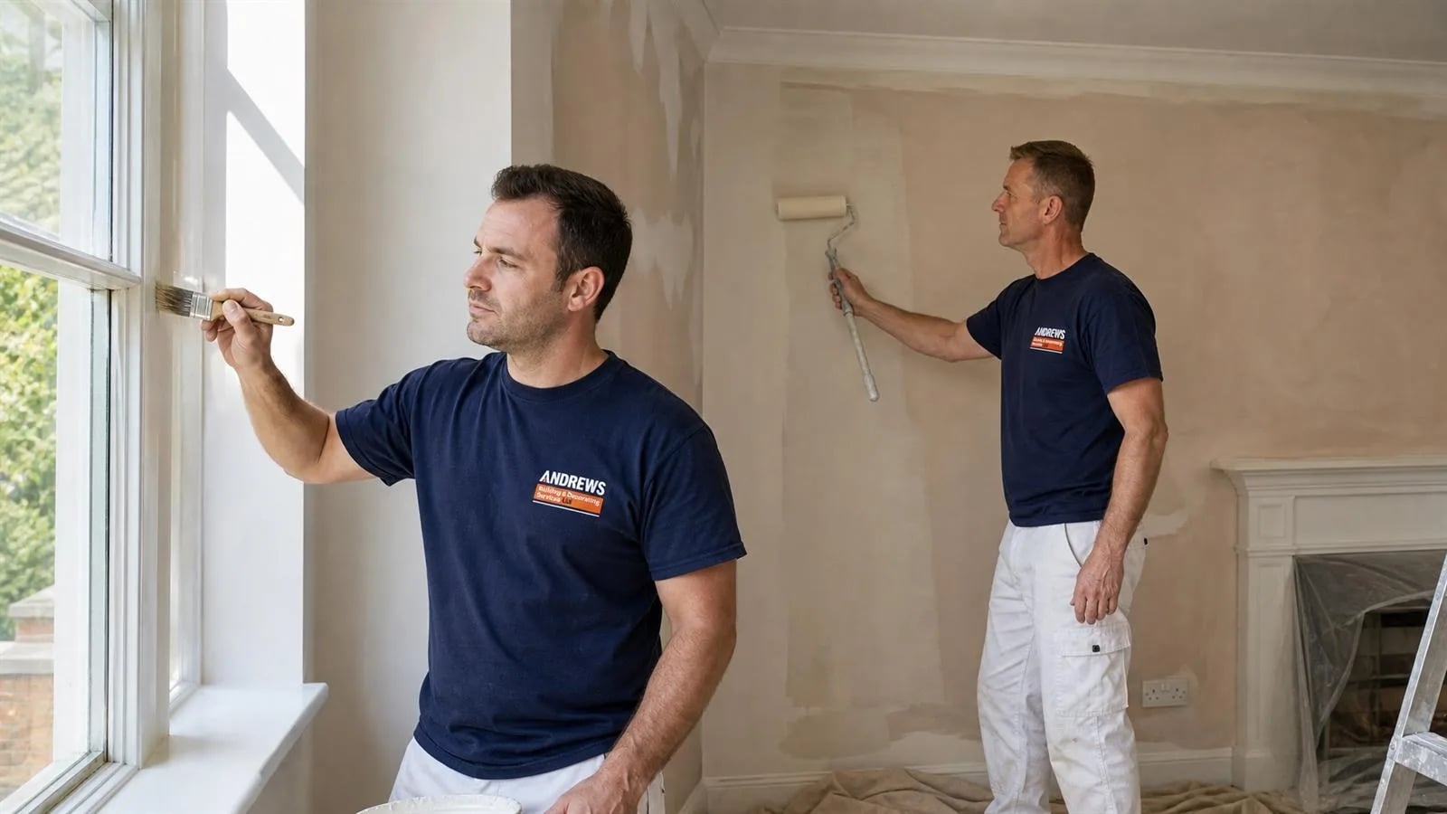 A decorator cutting in white gloss on a sash window while a colleague rolls a freshly plastered wall