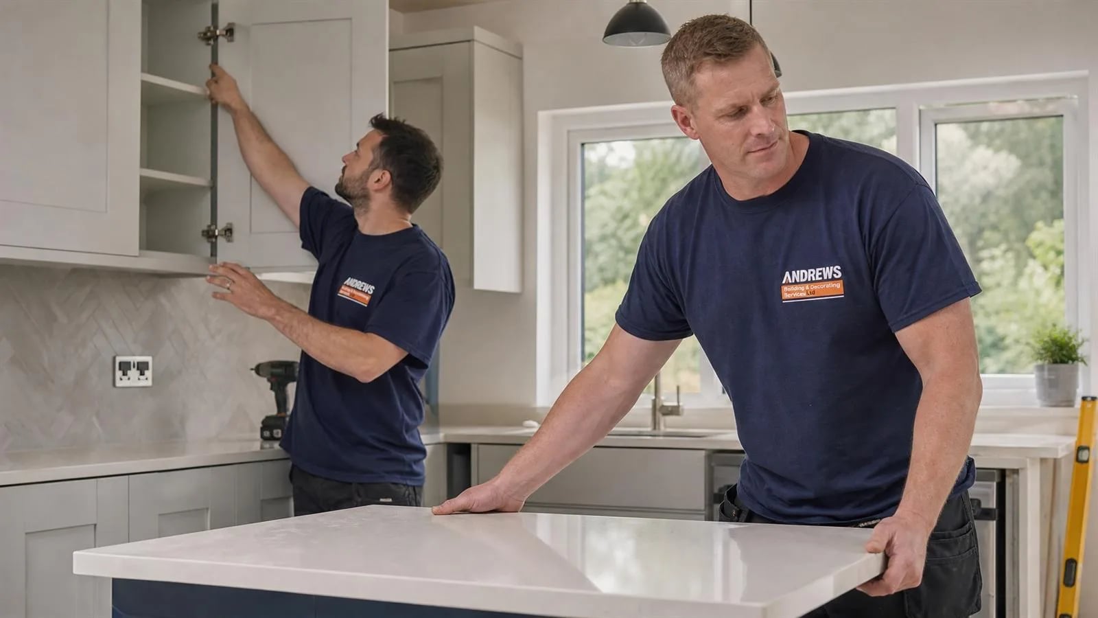 Two fitters installing a kitchen: one aligning a wall unit door, the other setting the island worktop