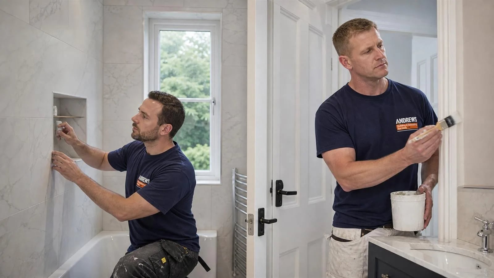 A bathroom refit in progress: tiling the shower niche and painting the door frame
