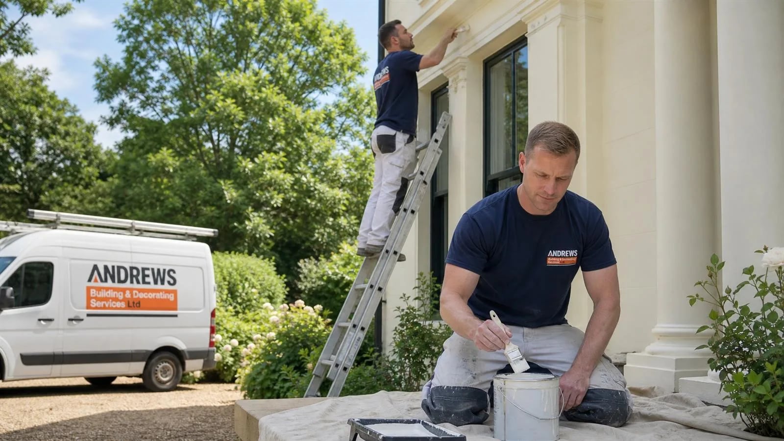 Exterior painting: one decorator cutting in the render from a ladder, the other loading a brush by the steps