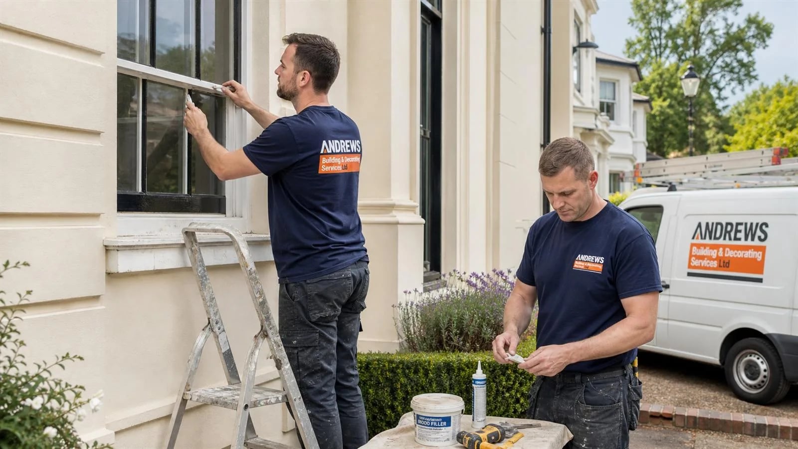 Restoring a sash window: making good the frame, with wood filler and tools on the trestle